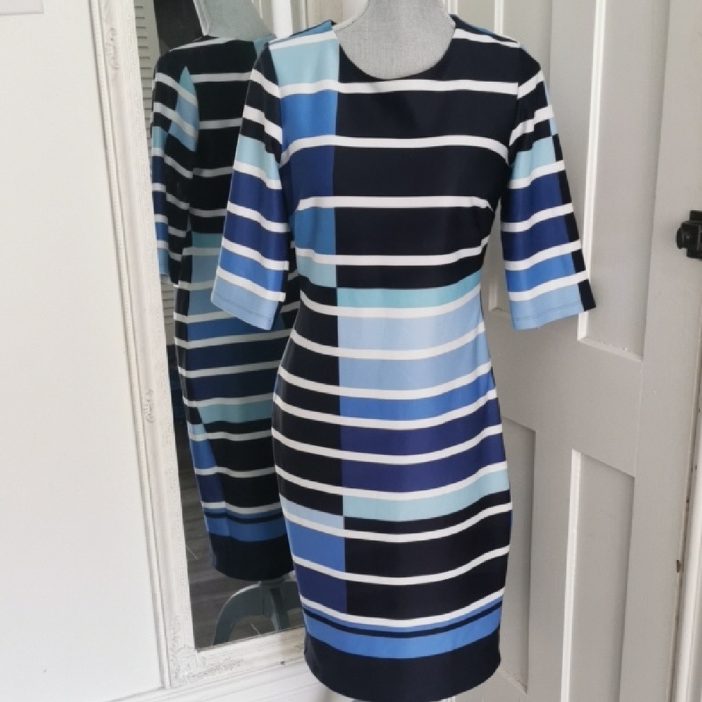 ENFOCUS STUDIO blue striped business casual 3/4 sleeve dress. Size 8